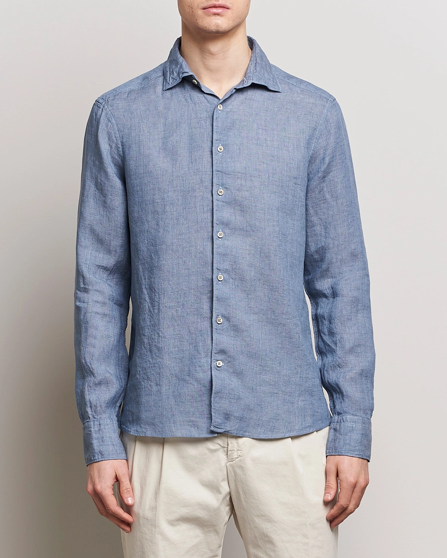 Herre | Skjorter | Stenströms | Slimline Cut Away Linen Shirt Steel Blue