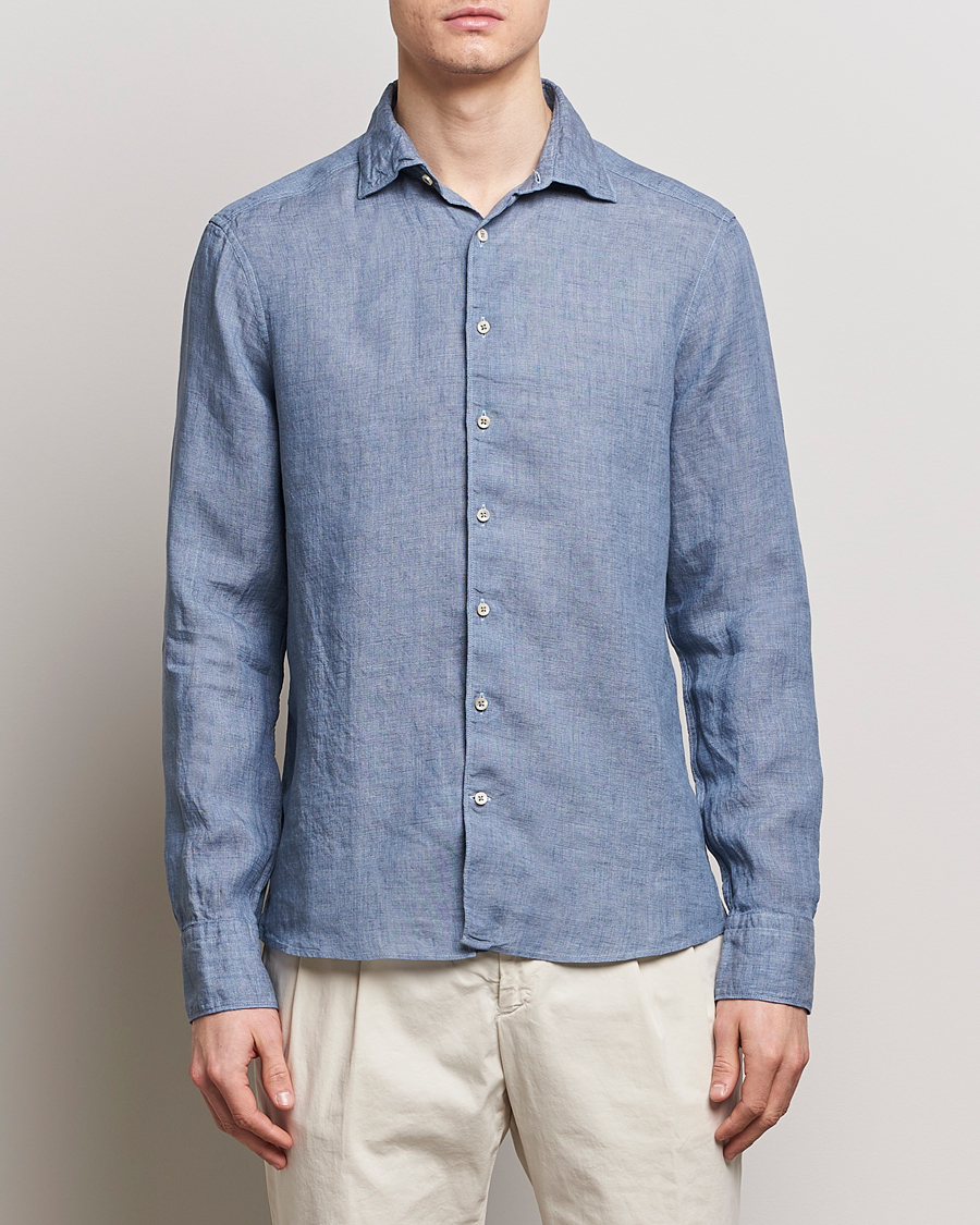 Herre | Casual | Stenströms | Slimline Cut Away Linen Shirt Steel Blue