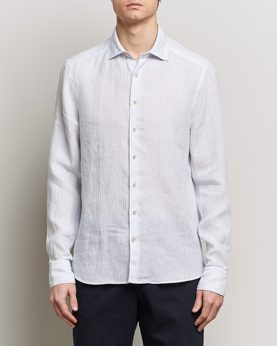 Herre | Casual | Stenströms | Slimline Cut Away Striped Linen Shirt Light Blue