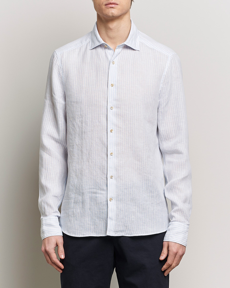 Herre | Klær | Stenströms | Slimline Cut Away Striped Linen Shirt Light Blue