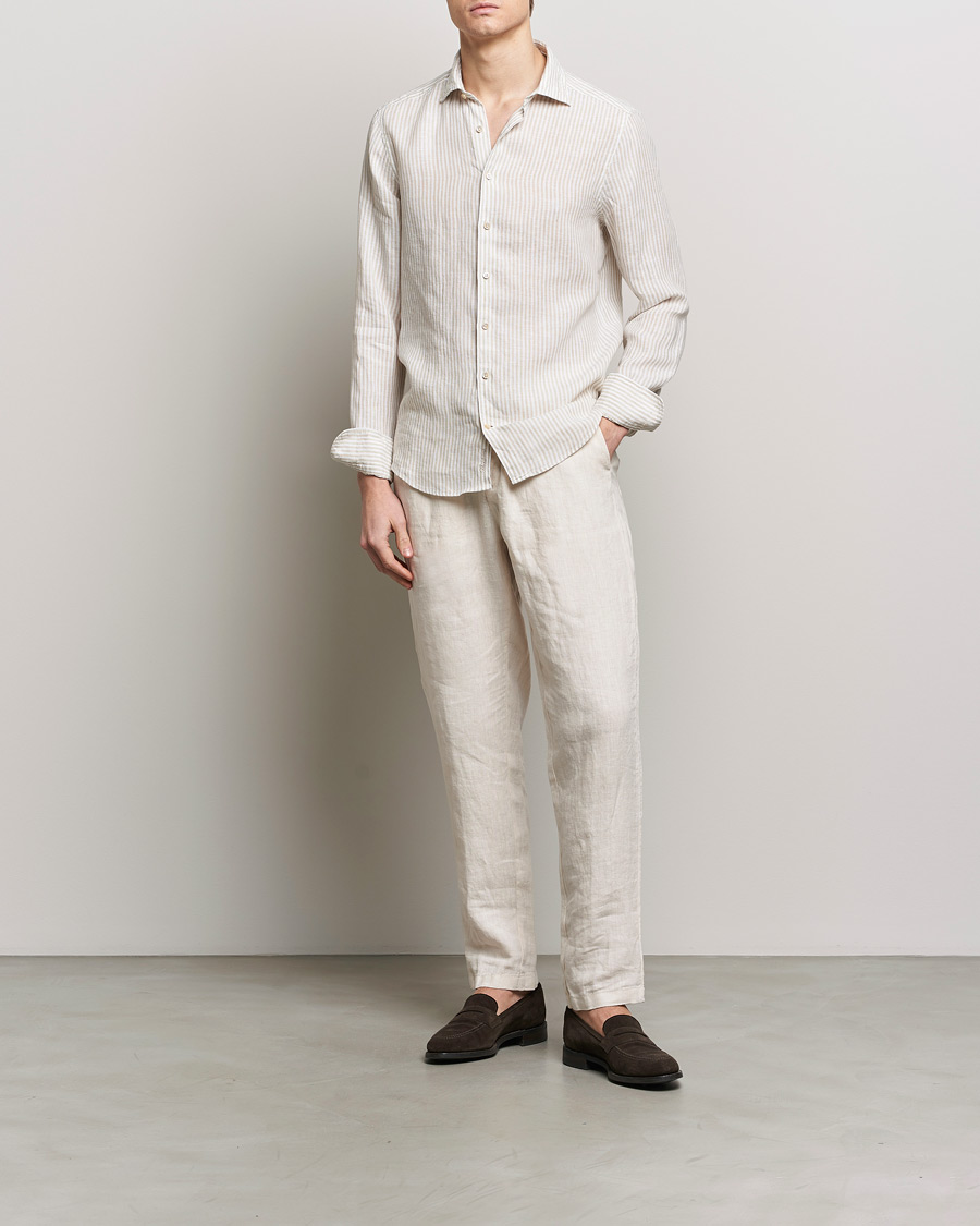 Herre | Skjorter | Stenströms | Slimline Cut Away Striped Linen Shirt Beige