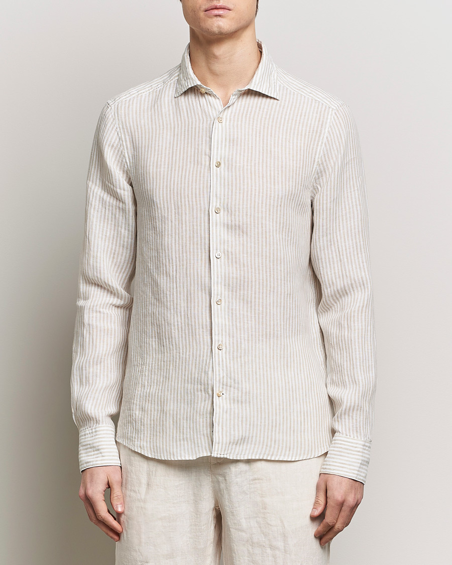 Herre | Linskjorter | Stenströms | Slimline Cut Away Striped Linen Shirt Beige