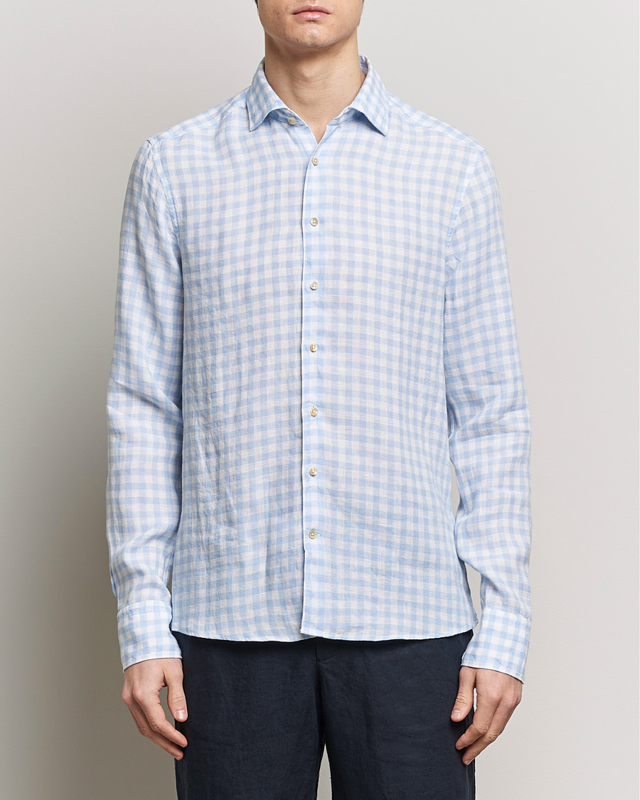Herre | Linskjorter | Stenströms | Slimline Cut Away Checked Linen Shirt Light Blue
