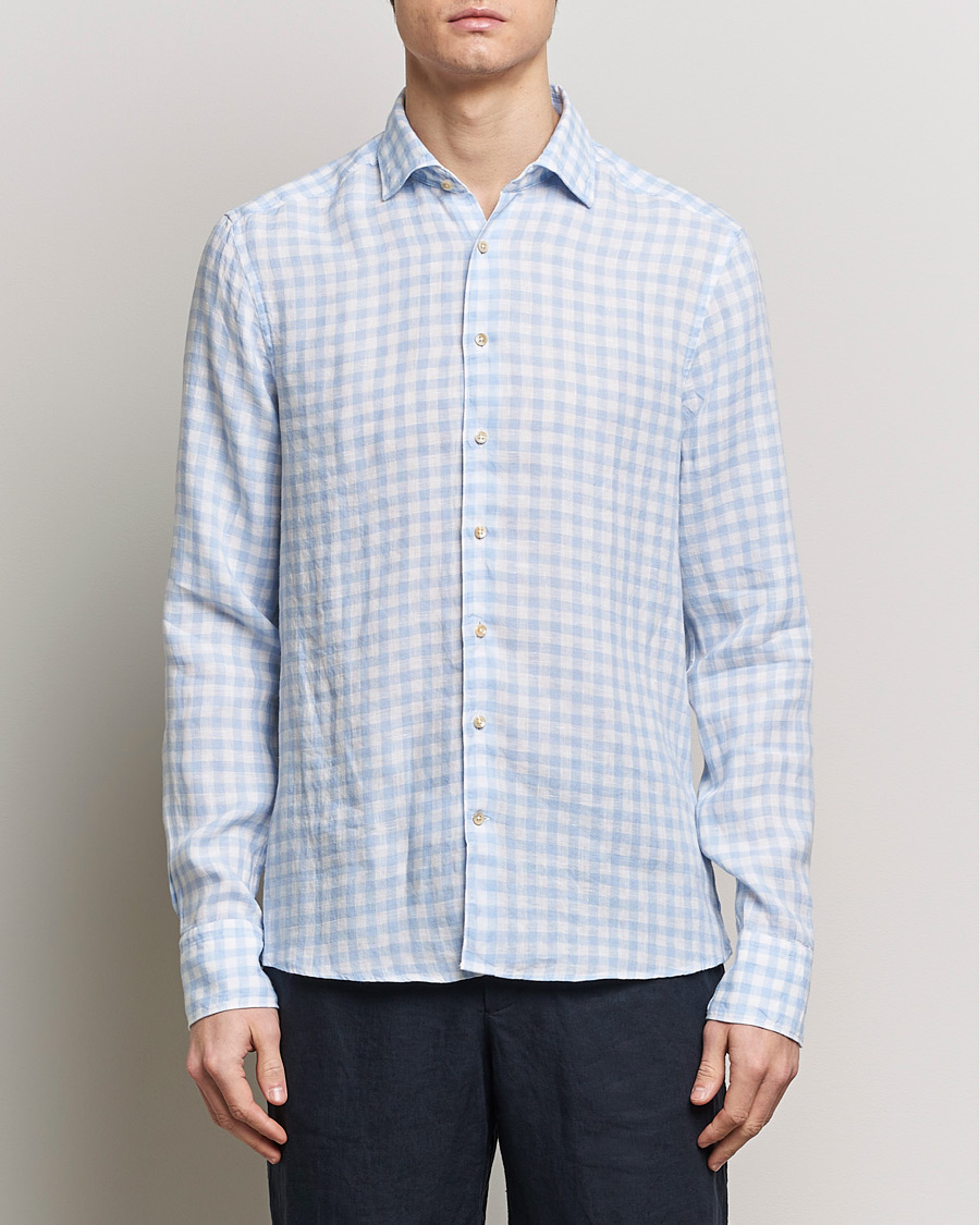 Herre | Business & Beyond | Stenströms | Slimline Cut Away Checked Linen Shirt Light Blue