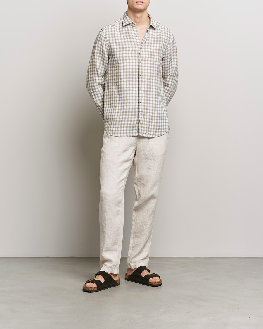 Herre | Skjorter | Stenströms | Slimline Cut Away Checked Linen Shirt Light Grey