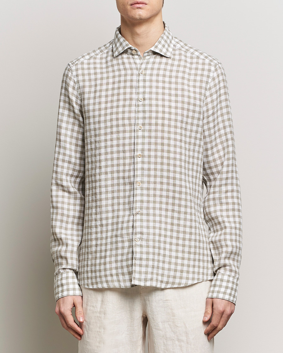 Herre | Business & Beyond | Stenströms | Slimline Cut Away Checked Linen Shirt Light Grey