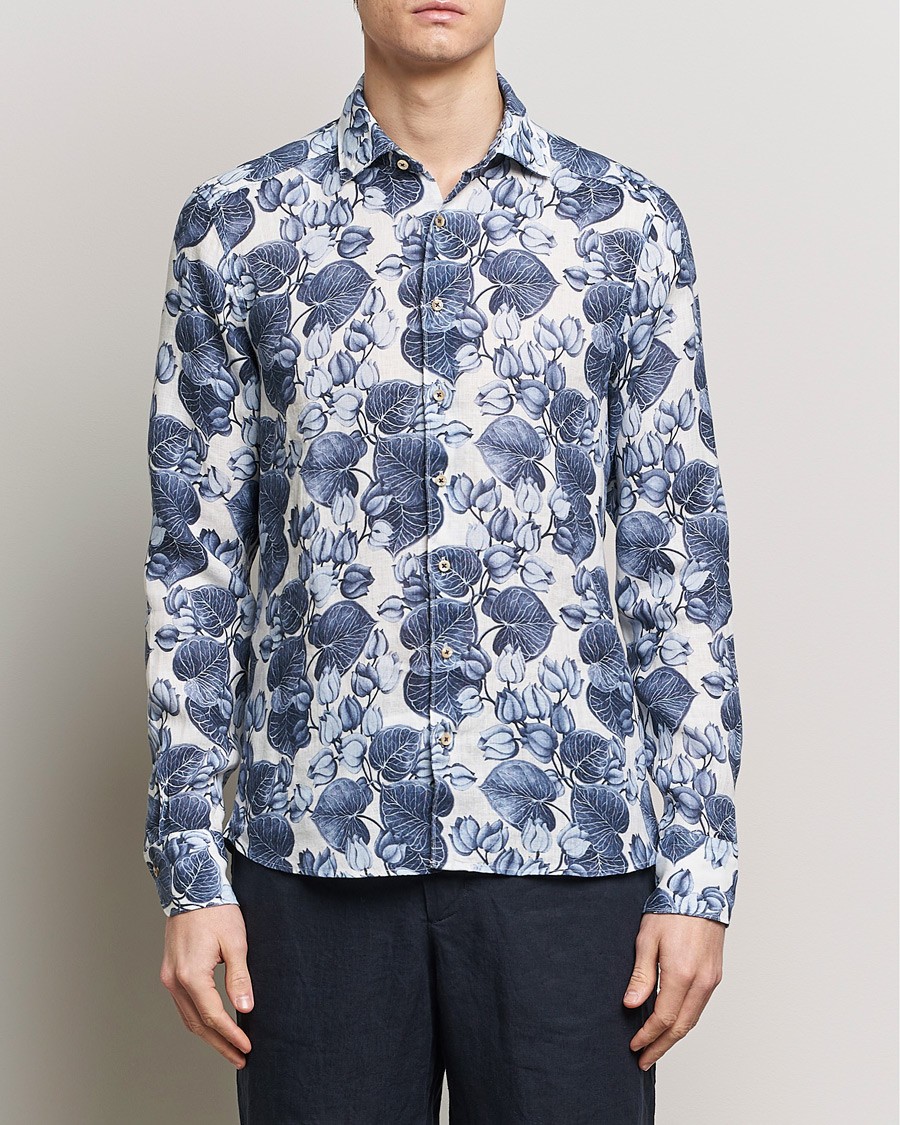 Herre | Skjorter | Stenströms | Slimline Cut Away Printed Flower Linen Shirt Blue