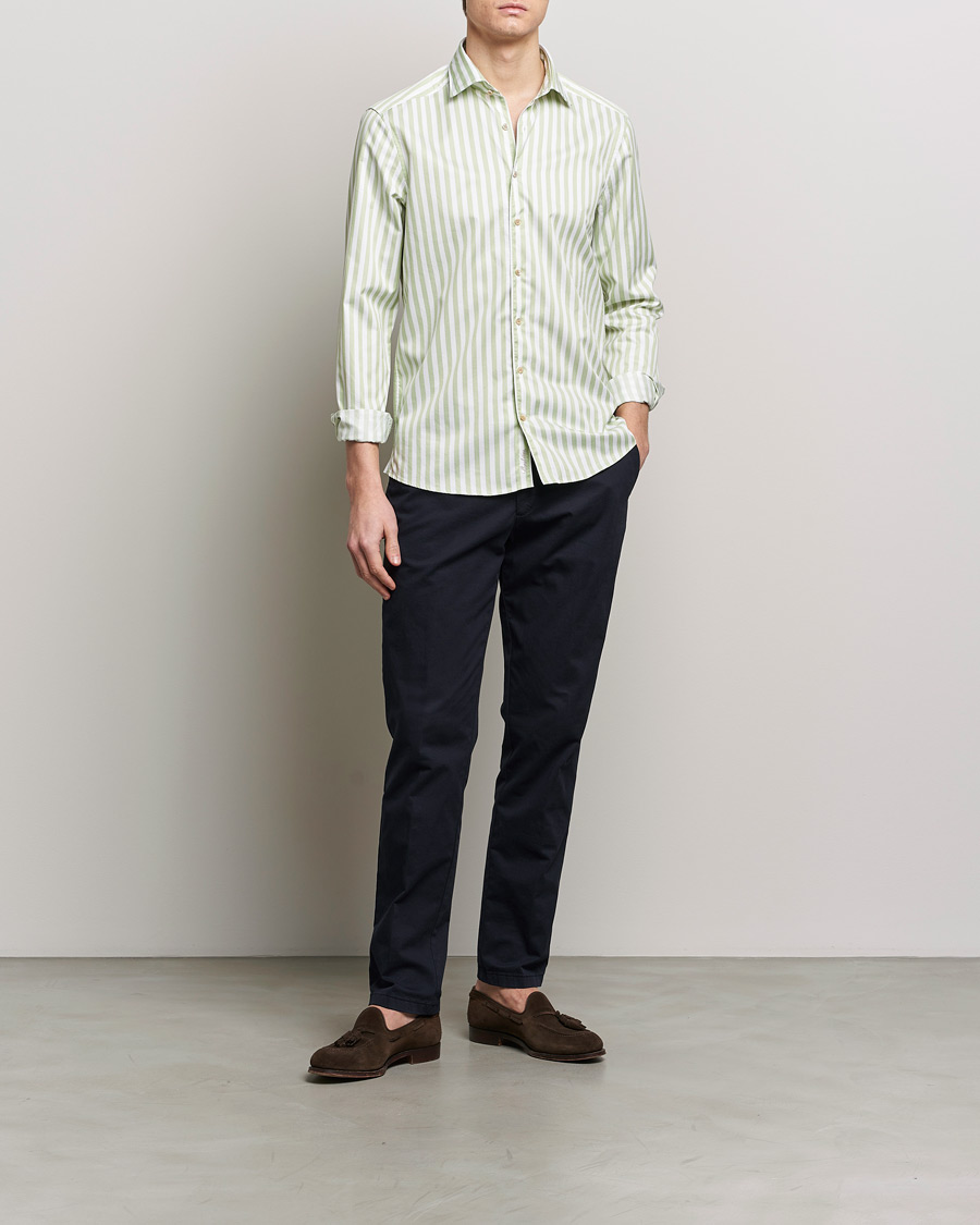 Herre | Skjorter | Stenströms | Slimline Large Stripe Washed Cotton Shirt Green