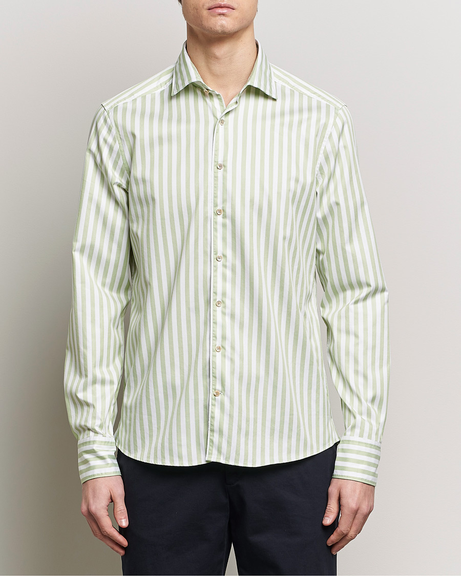 Herre | Casual | Stenströms | Slimline Large Stripe Washed Cotton Shirt Green