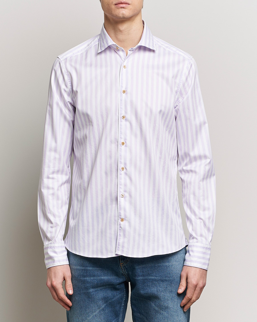 Herre | Casual | Stenströms | Slimline Large Stripe Washed Cotton Shirt Purple