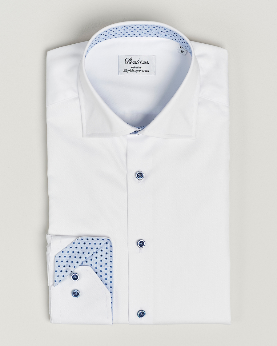 Herre | Skjorter | Stenströms | Slimline Cut Away Print Contrast Shirt White