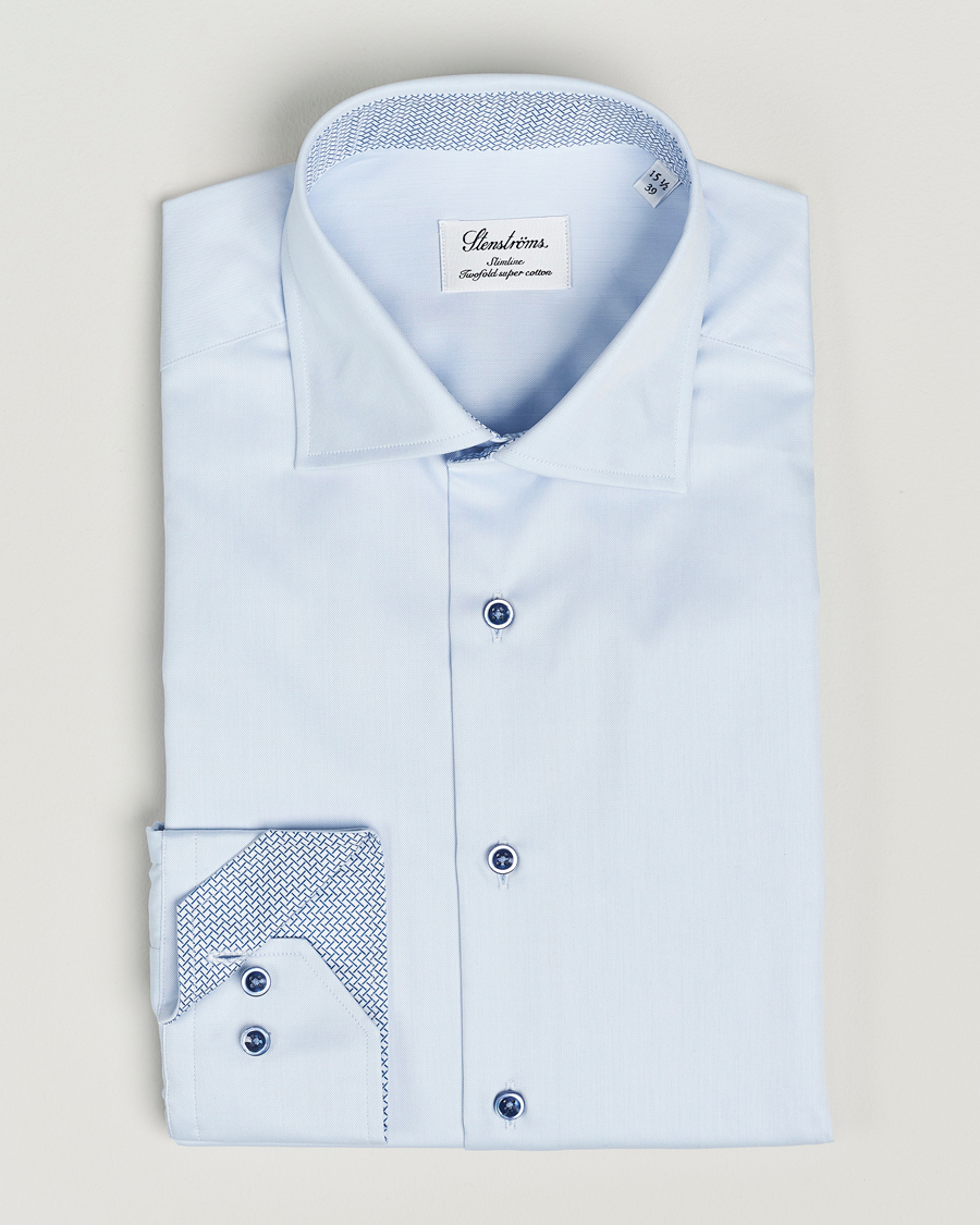 Herre | Skjorter | Stenströms | Slimline Cut Away Print Contrast Shirt Light Blue