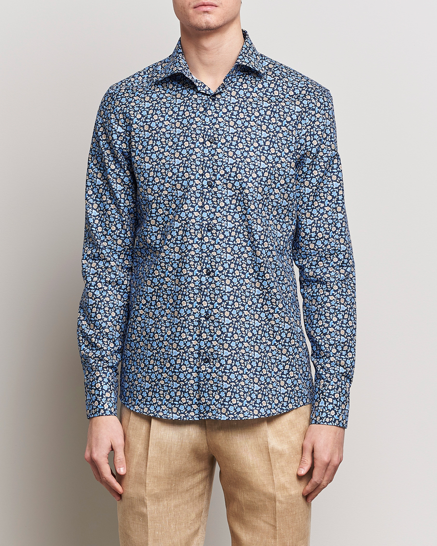 Herre | Skjorter | Stenströms | Slimline Cut Away Printed Flower Shirt Navy