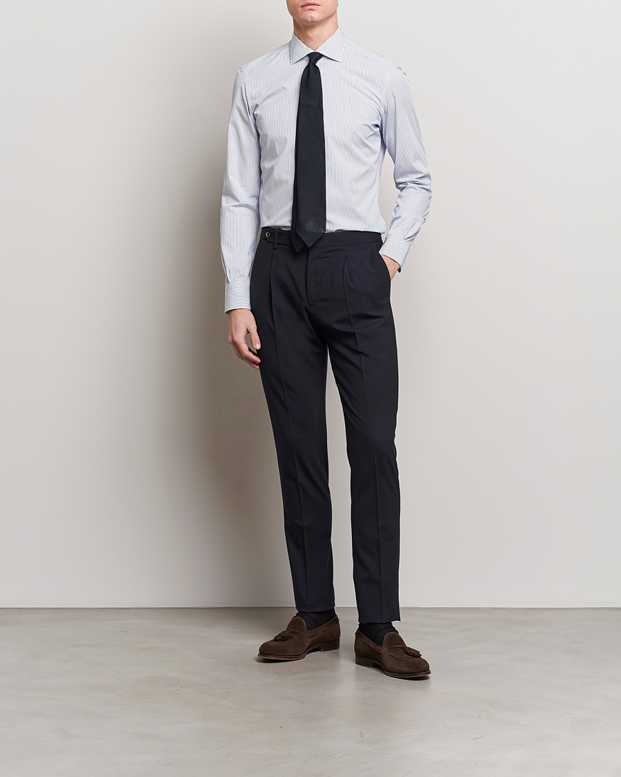 Herre | Skjorter | Mazzarelli | Soft Cotton Cut Away Shirt Blue Pinstripe