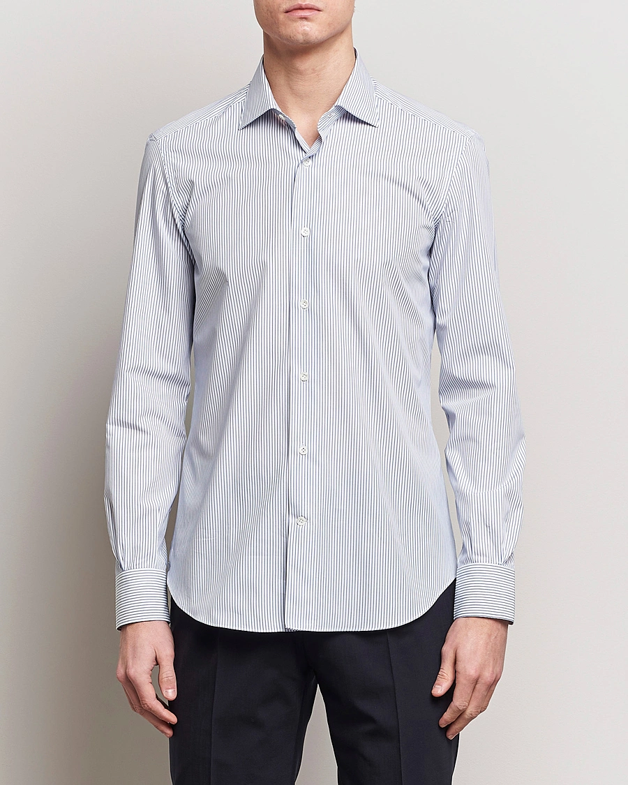 Herre | Mazzarelli | Mazzarelli | Soft Cotton Cut Away Shirt Blue Pinstripe
