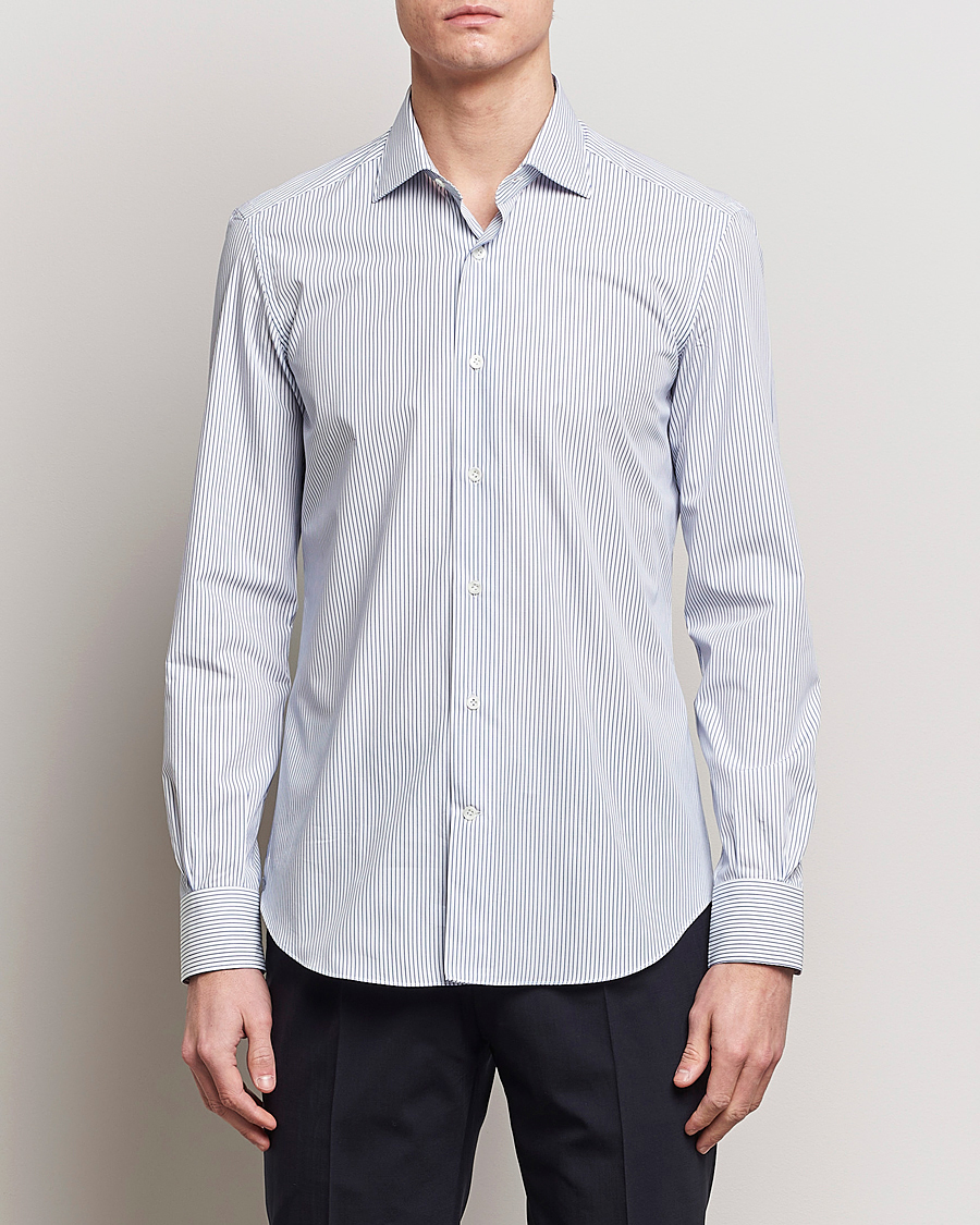 Herre | Klær | Mazzarelli | Soft Cotton Cut Away Shirt Blue Pinstripe