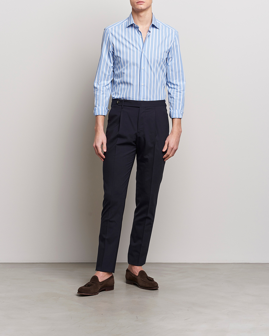 Herre | Skjorter | Mazzarelli | Soft Cotton Cut Away Shirt Blue/White Stripe