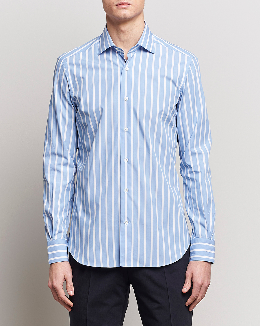 Herre | Avdelinger | Mazzarelli | Soft Cotton Cut Away Shirt Blue/White Stripe