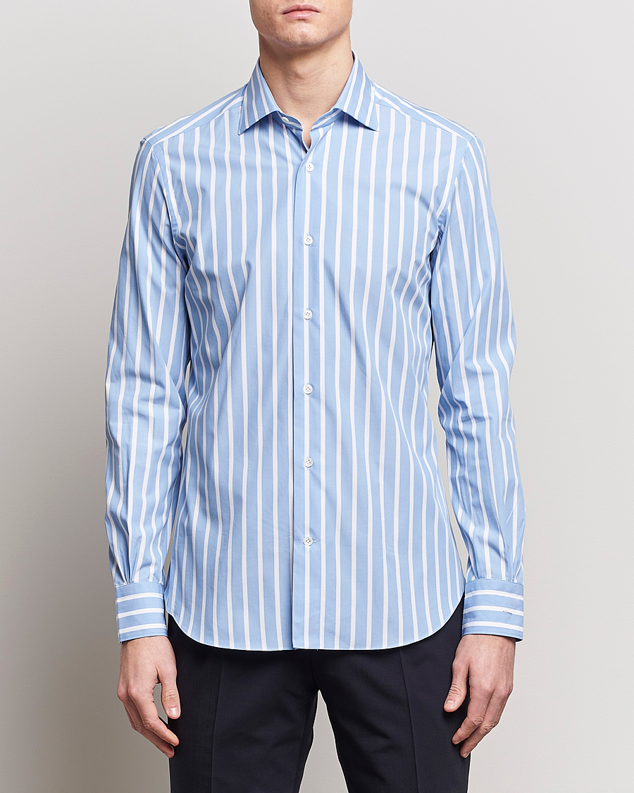 Herre | Klær | Mazzarelli | Soft Cotton Cut Away Shirt Blue/White Stripe