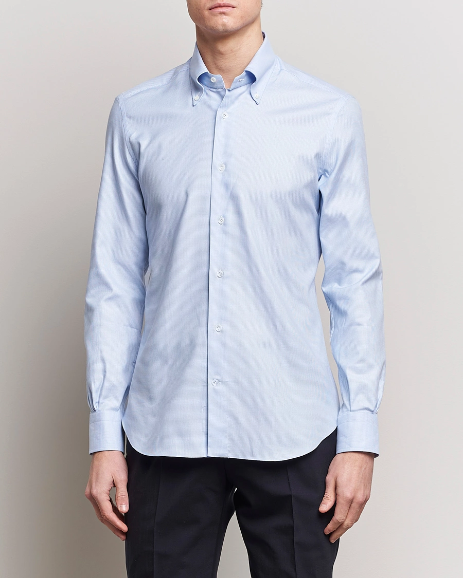 Herre |  | Mazzarelli | Soft Cotton Texture Button Down Shirt Light Blue