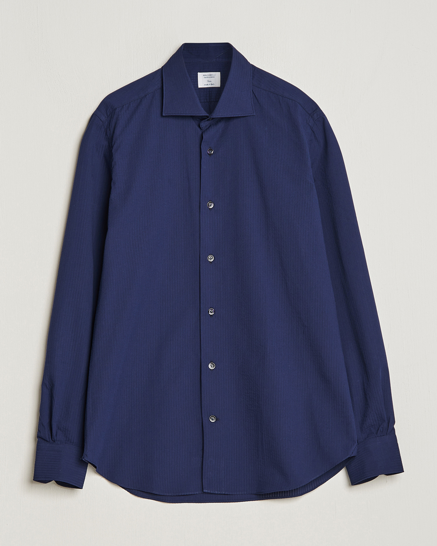 Herre | Skjorter | Mazzarelli | Soft Tonal Seersucker Shirt Navy