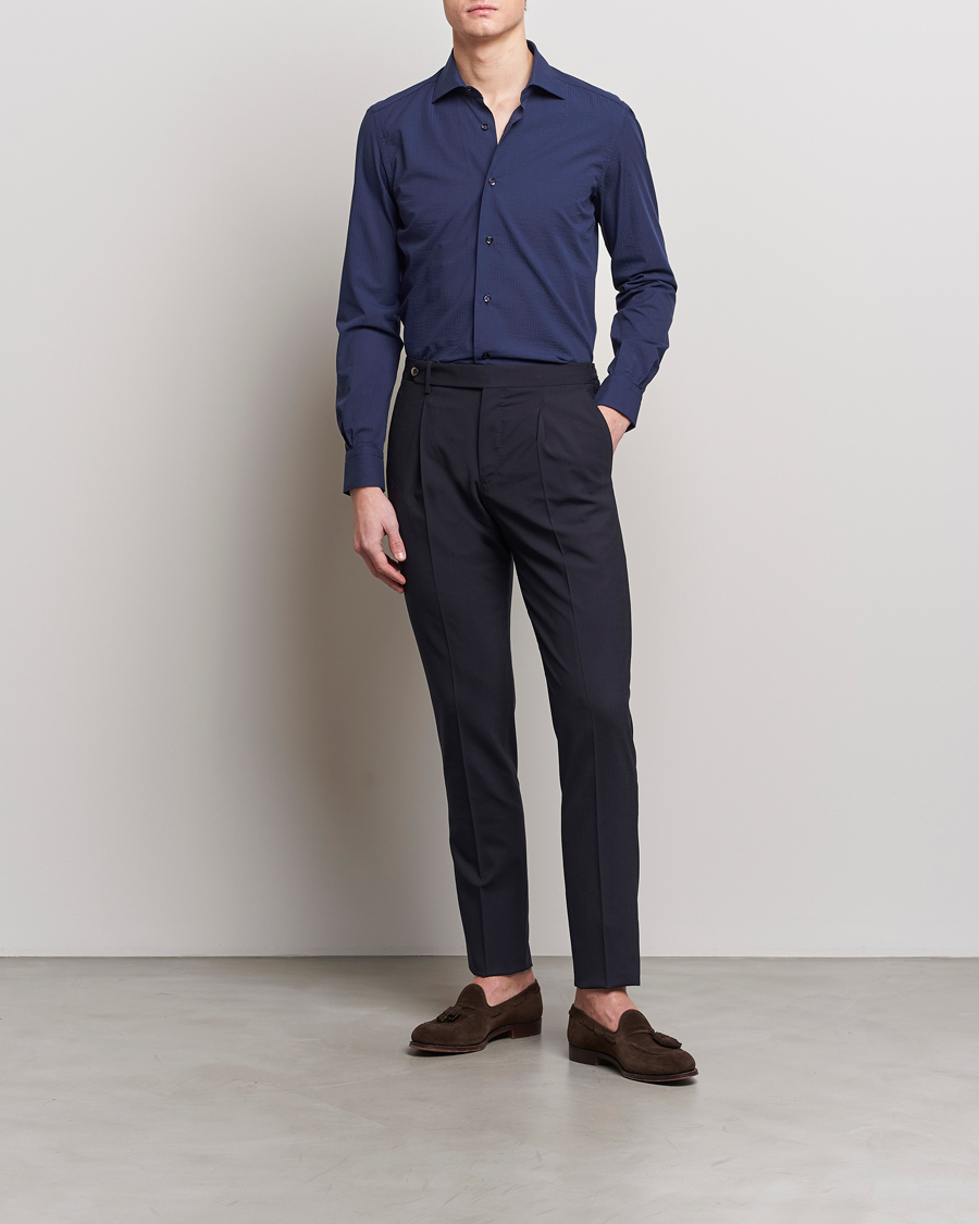 Herre | Skjorter | Mazzarelli | Soft Tonal Seersucker Shirt Navy