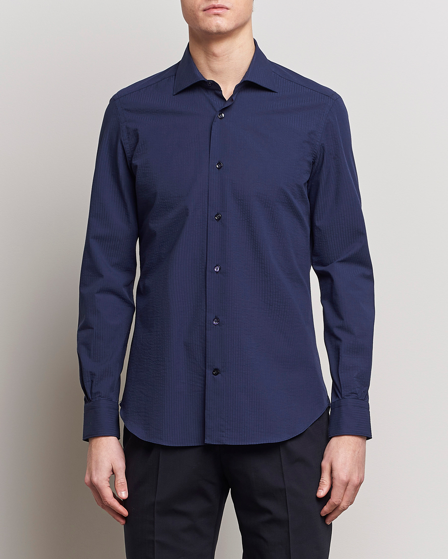 Herre | Avdelinger | Mazzarelli | Soft Tonal Seersucker Shirt Navy