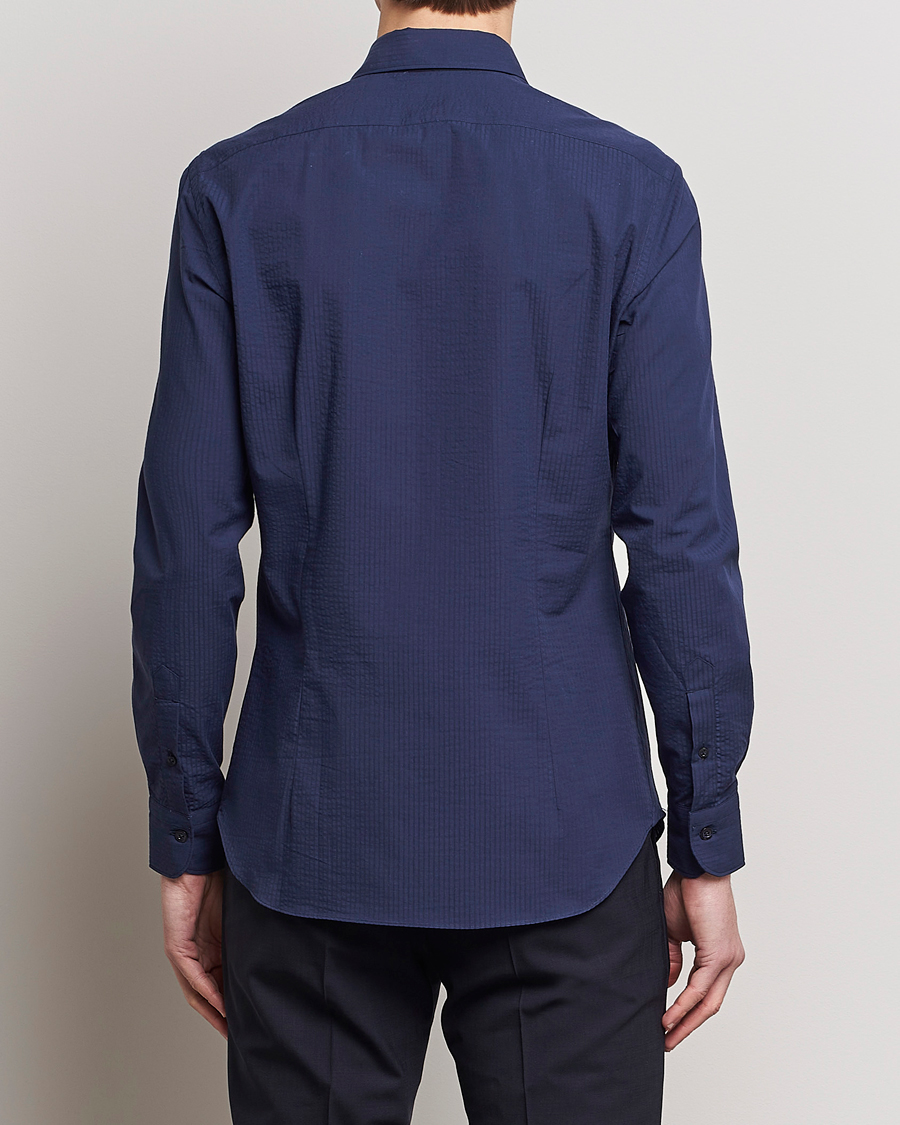 Herre | Skjorter | Mazzarelli | Soft Tonal Seersucker Shirt Navy
