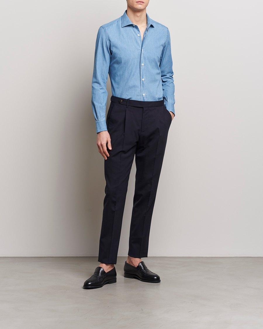 Herre | Skjorter | Mazzarelli | Soft Cotton Denim Shirt Bleached Denim