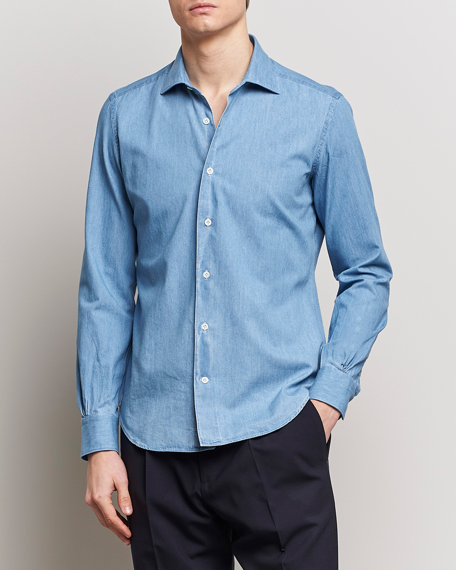 Herre | Italian Department | Mazzarelli | Soft Cotton Denim Shirt Blue Wash