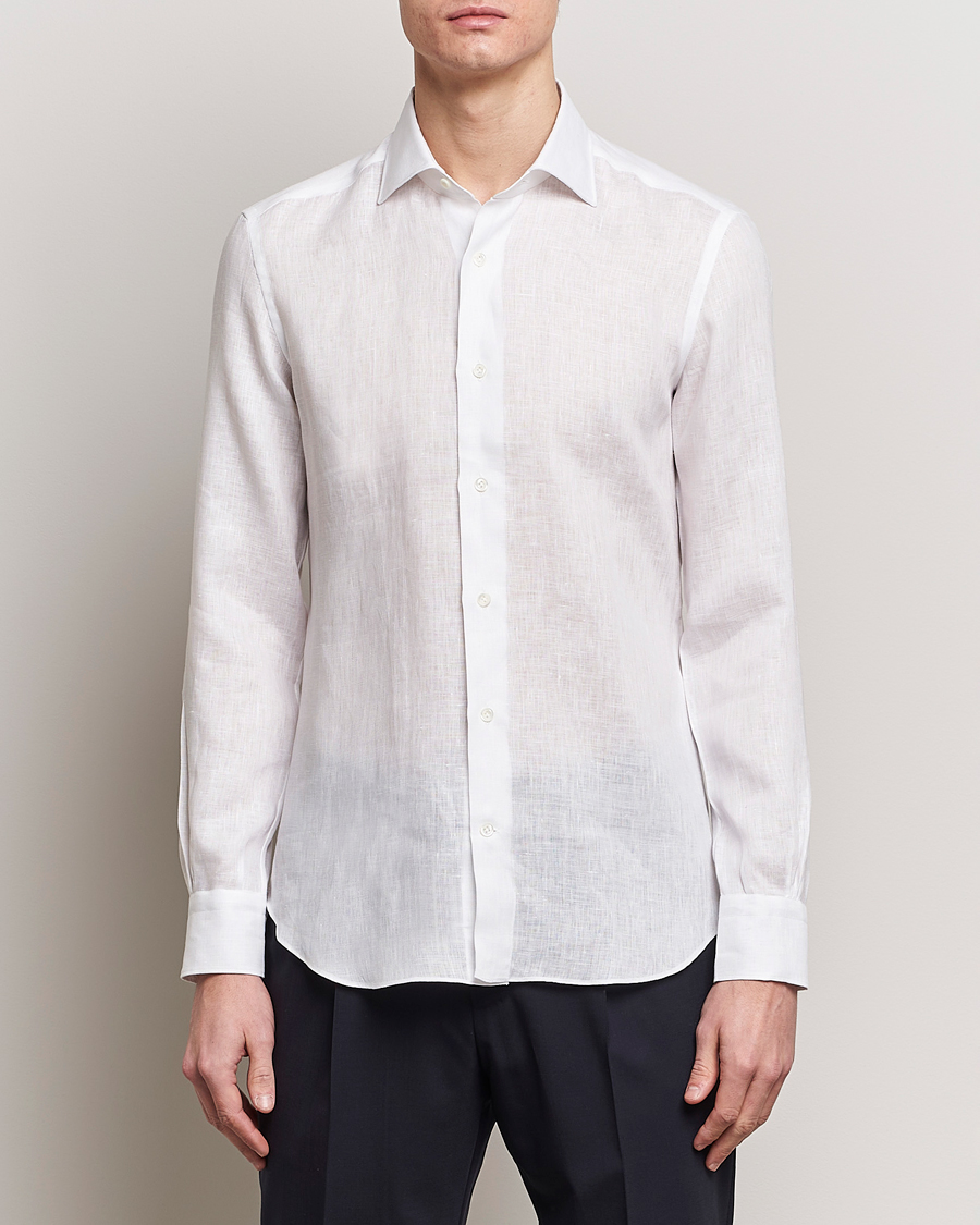Herre |  | Mazzarelli | Soft Linen Cut Away Shirt White