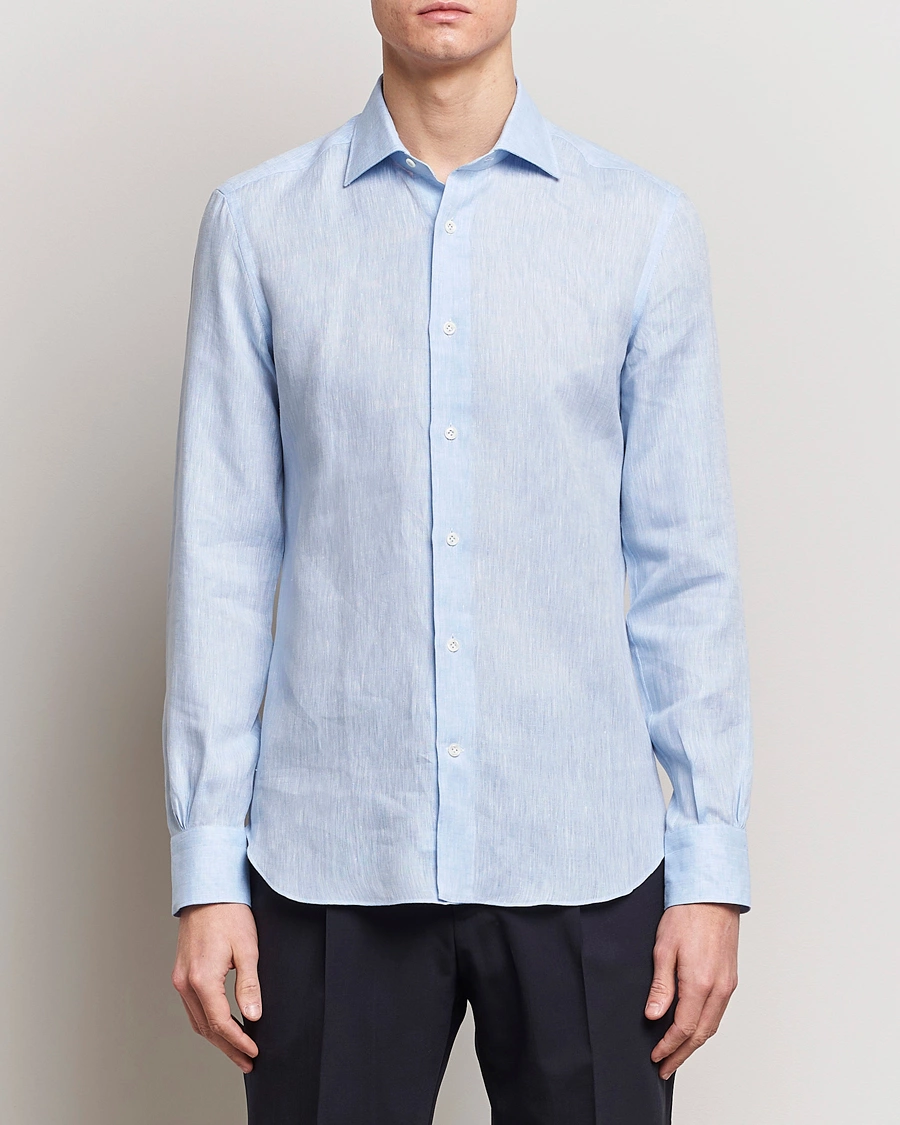 Herre |  | Mazzarelli | Soft Linen Cut Away Shirt Light Blue