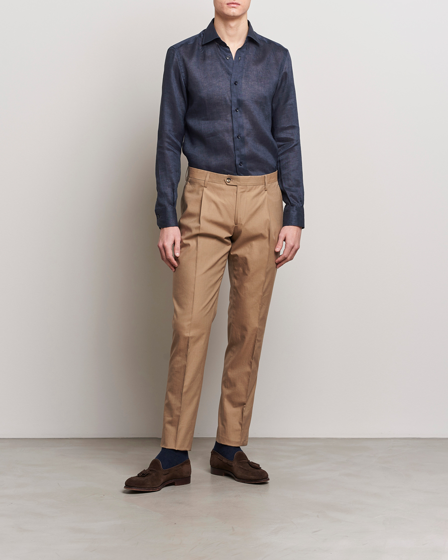Herre | Skjorter | Mazzarelli | Soft Linen Cut Away Shirt Navy