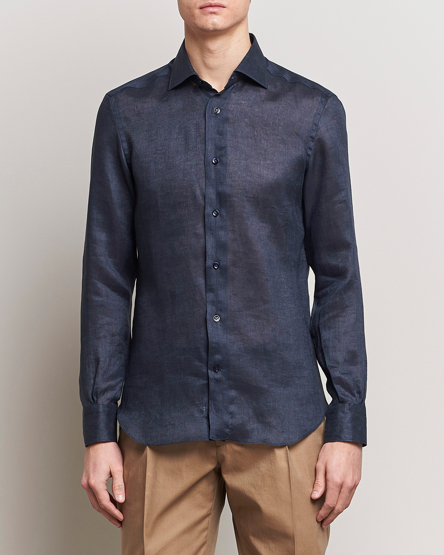 Herre | Italian Department | Mazzarelli | Soft Linen Cut Away Shirt Navy