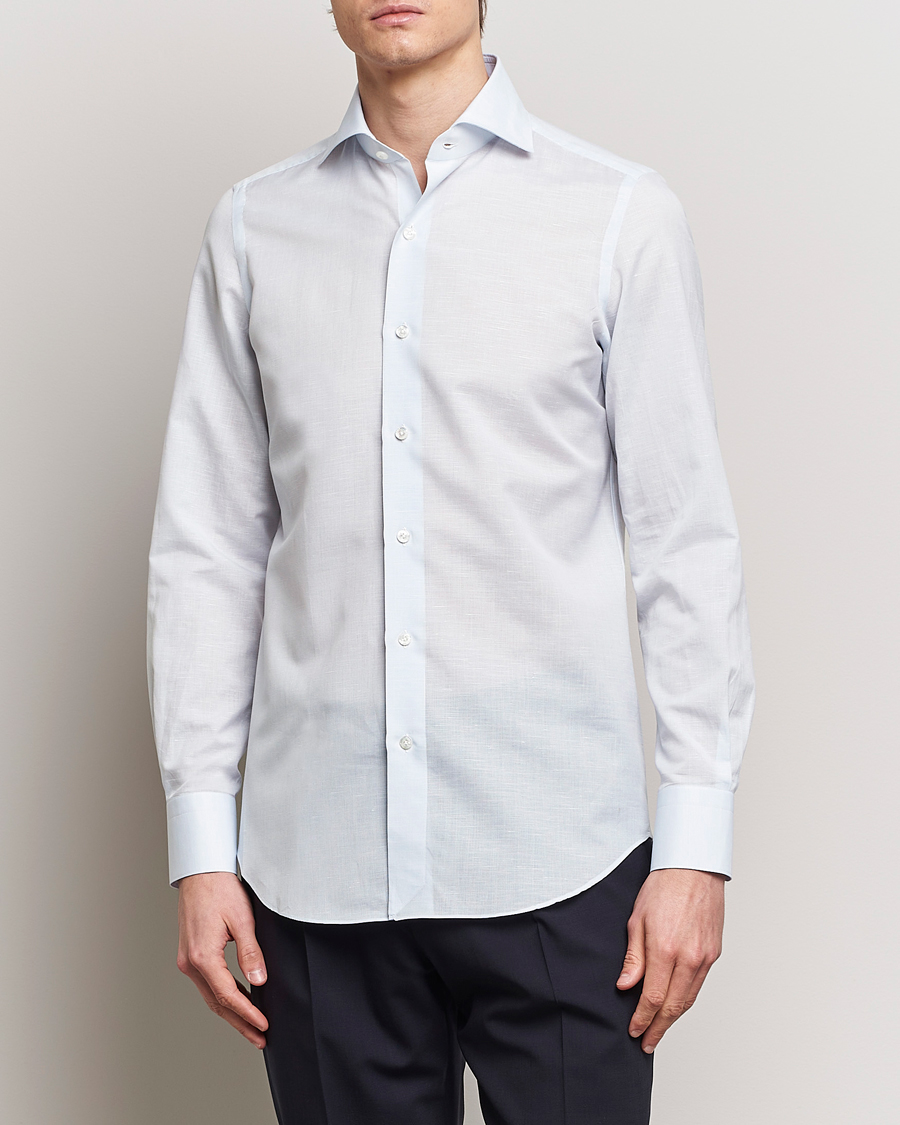 Herre | Skjorter | Finamore Napoli | Milano Slim Linen Dress Shirt Light Blue