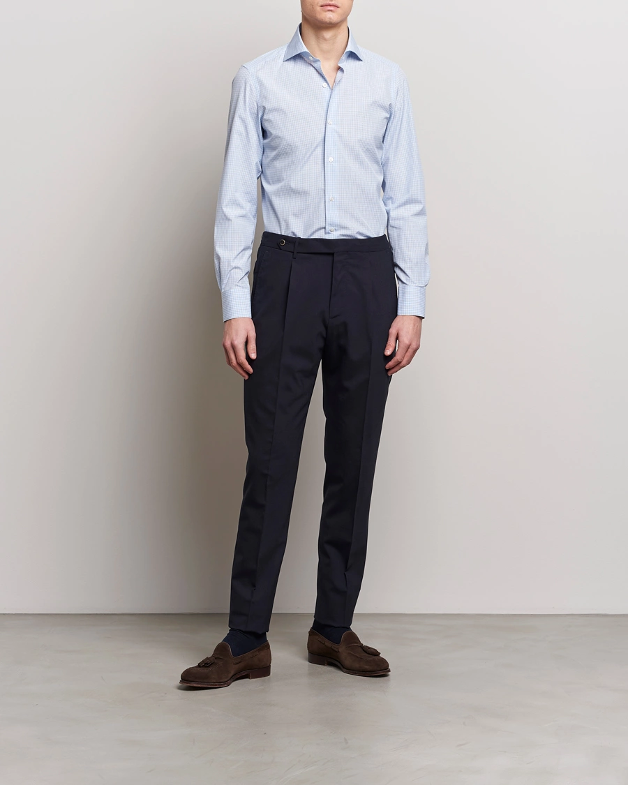 Herre | Skjorter | Finamore Napoli | Milano Slim Checked Dress Shirt Light Blue