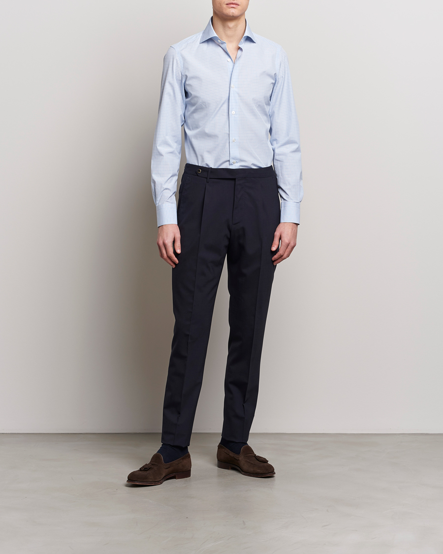 Herre | Klær | Finamore Napoli | Milano Slim Checked Dress Shirt Light Blue