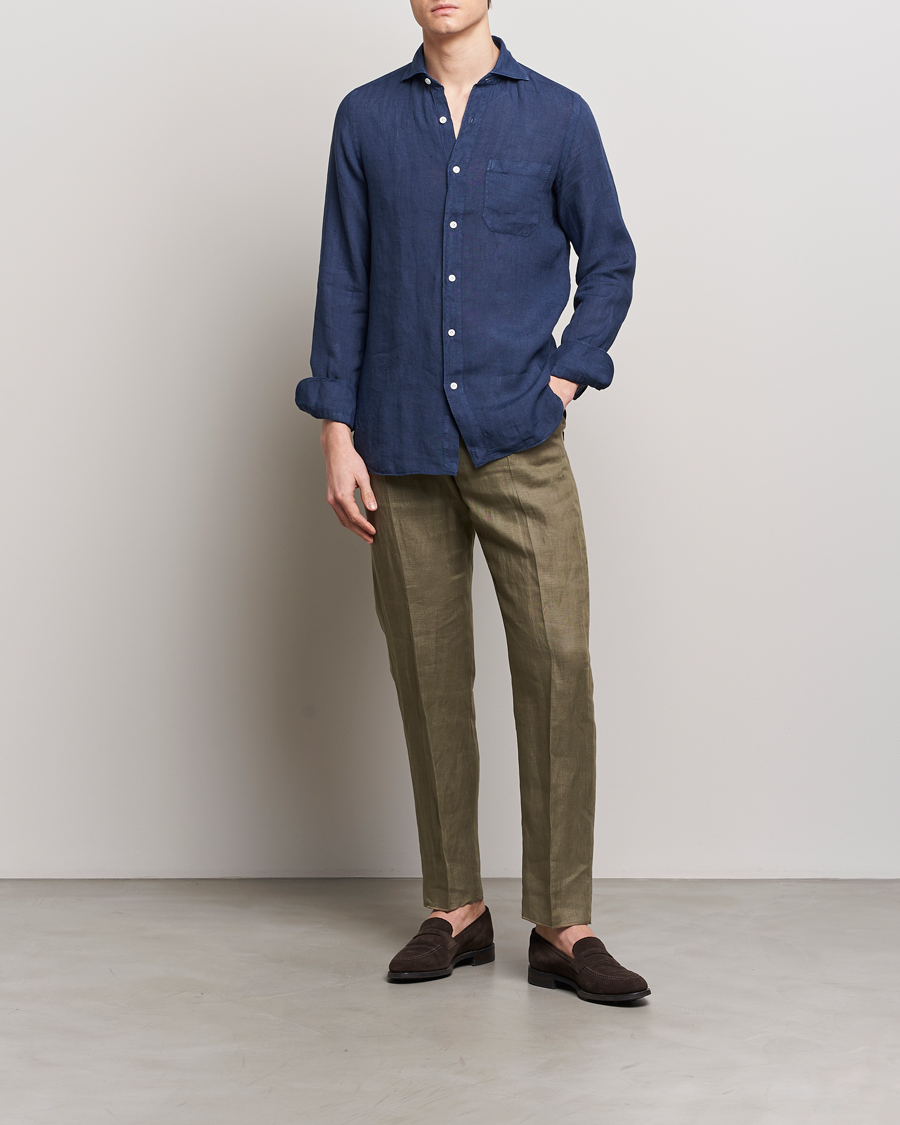 Herre | Skjorter | Finamore Napoli | Gaeta Linen Pocket Shirt Navy