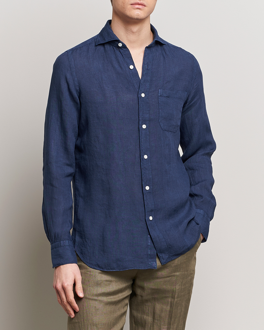 Herre | Avdelinger | Finamore Napoli | Gaeta Linen Pocket Shirt Navy