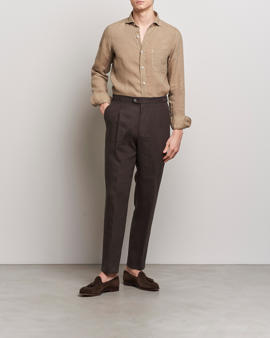 Herre | Skjorter | Finamore Napoli | Gaeta Linen Pocket Shirt Taupe