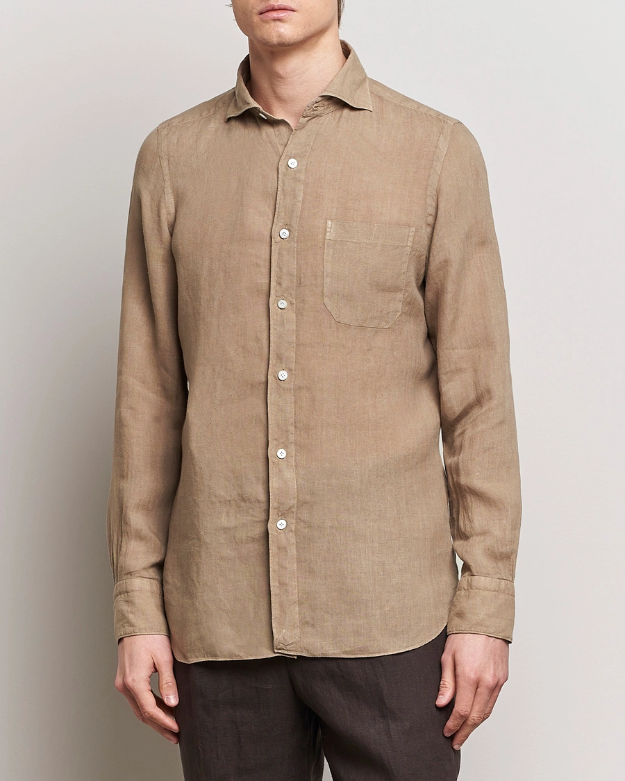 Herre | Skjorter | Finamore Napoli | Gaeta Linen Pocket Shirt Taupe