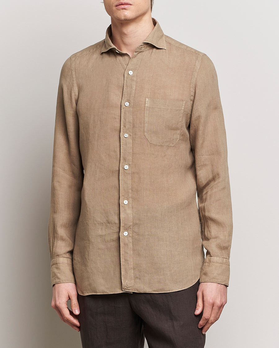 Herre | Casual | Finamore Napoli | Gaeta Linen Pocket Shirt Taupe