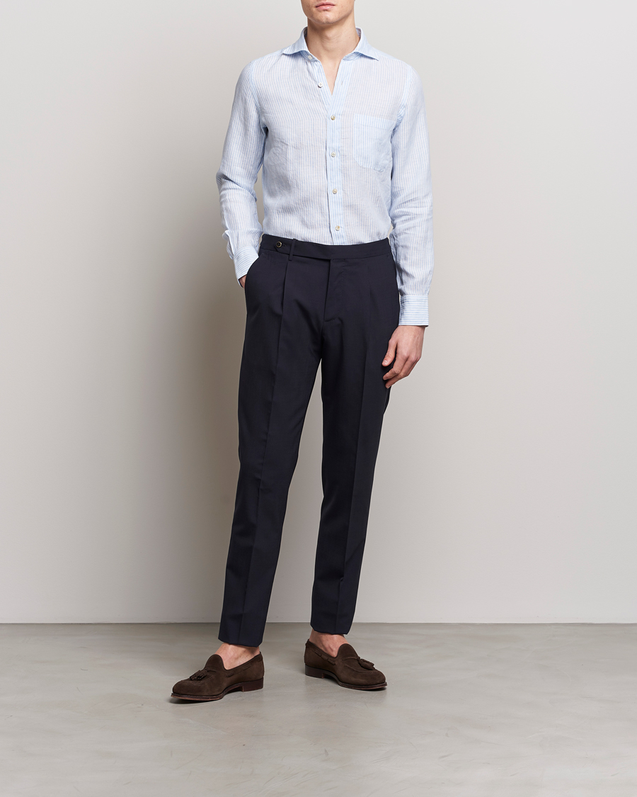 Herre | Skjorter | Finamore Napoli | Gaeta Striped Linen Pocket Shirt Light Blue