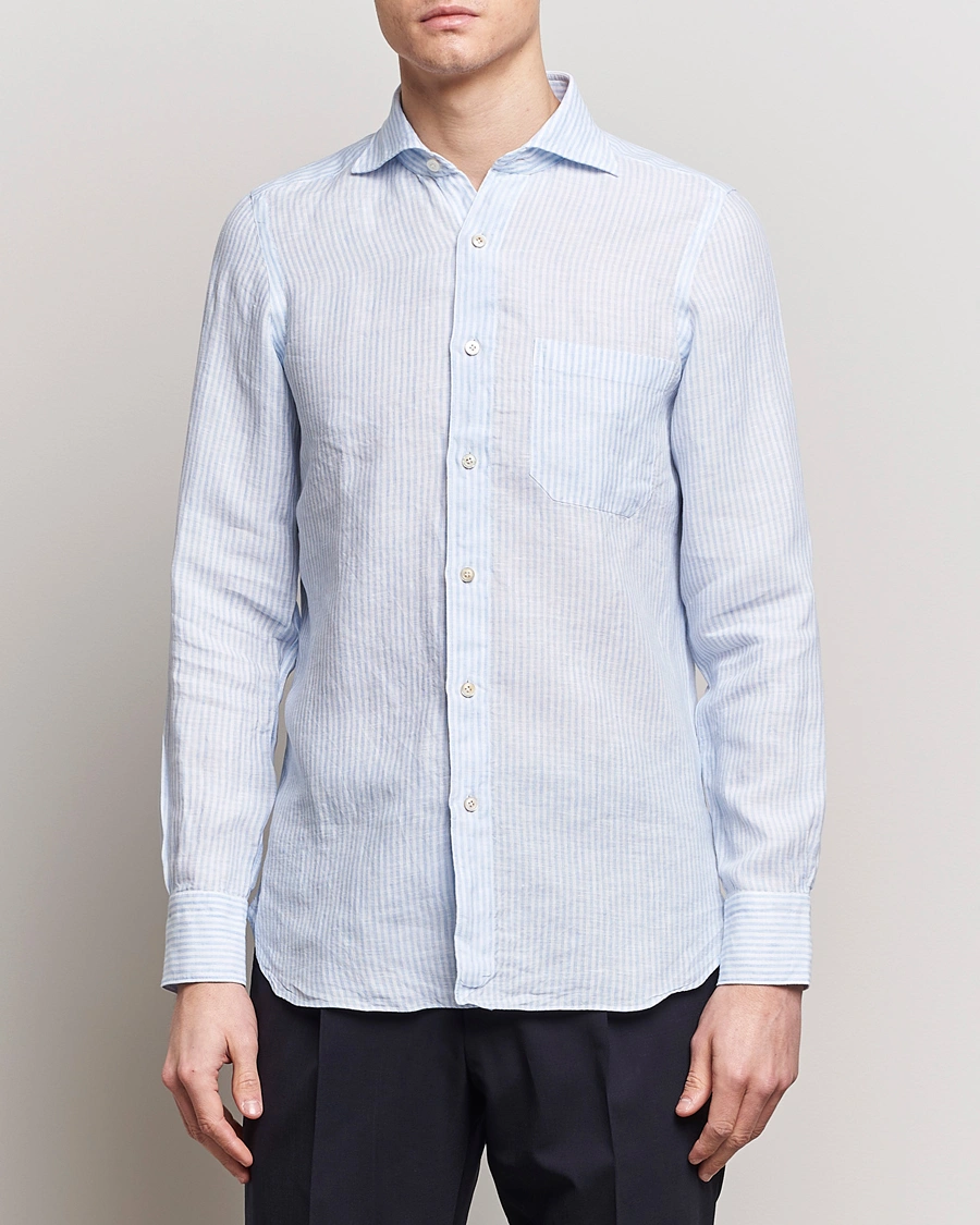 Herre | Linskjorter | Finamore Napoli | Gaeta Striped Linen Pocket Shirt Light Blue