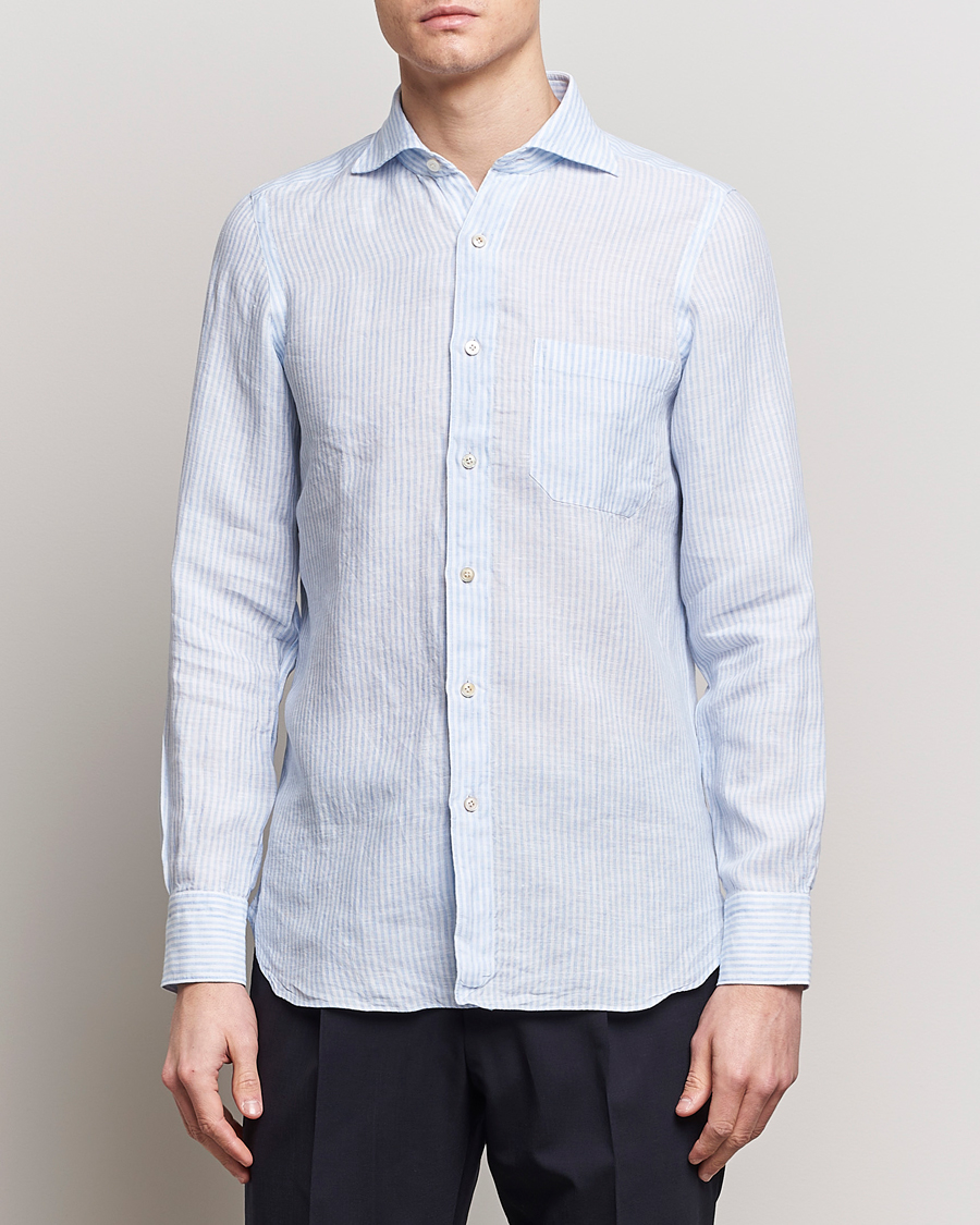 Herre | Klær | Finamore Napoli | Gaeta Striped Linen Pocket Shirt Light Blue