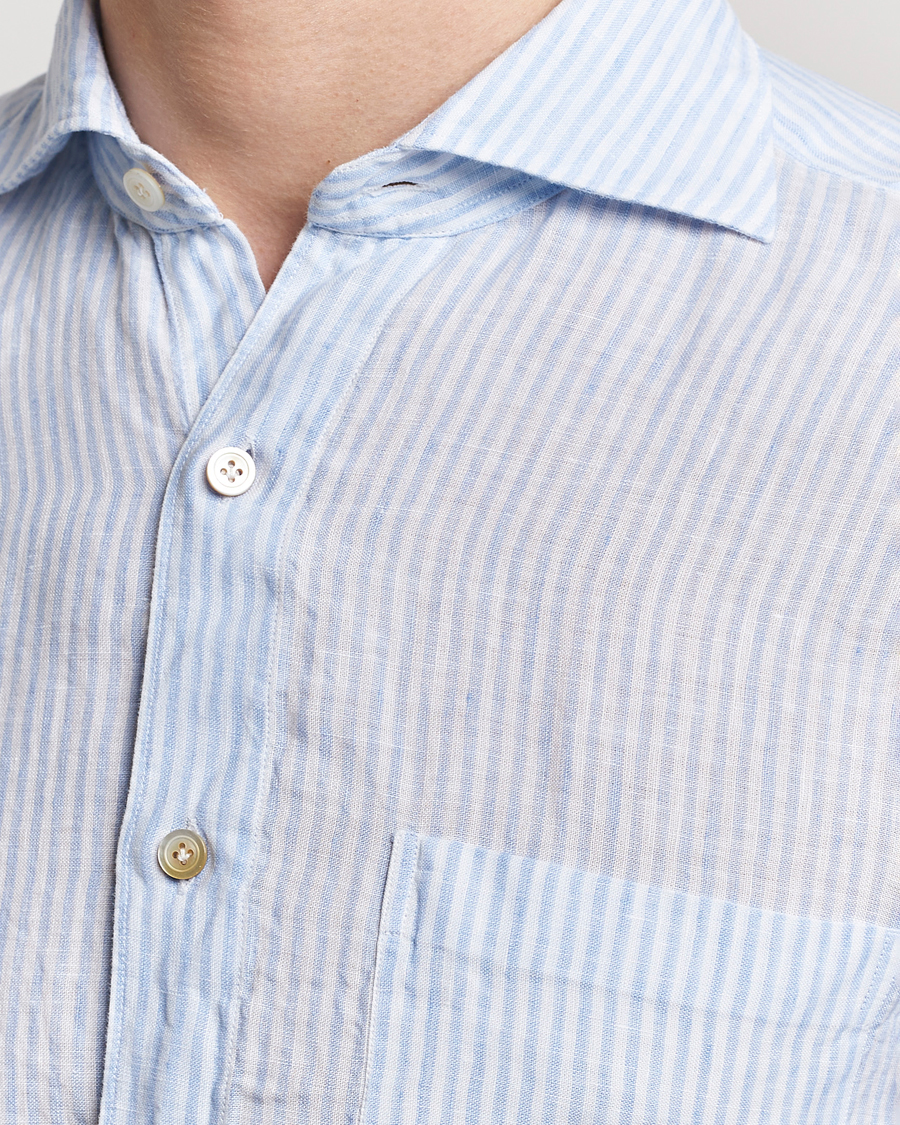 Herre | Skjorter | Finamore Napoli | Gaeta Striped Linen Pocket Shirt Light Blue
