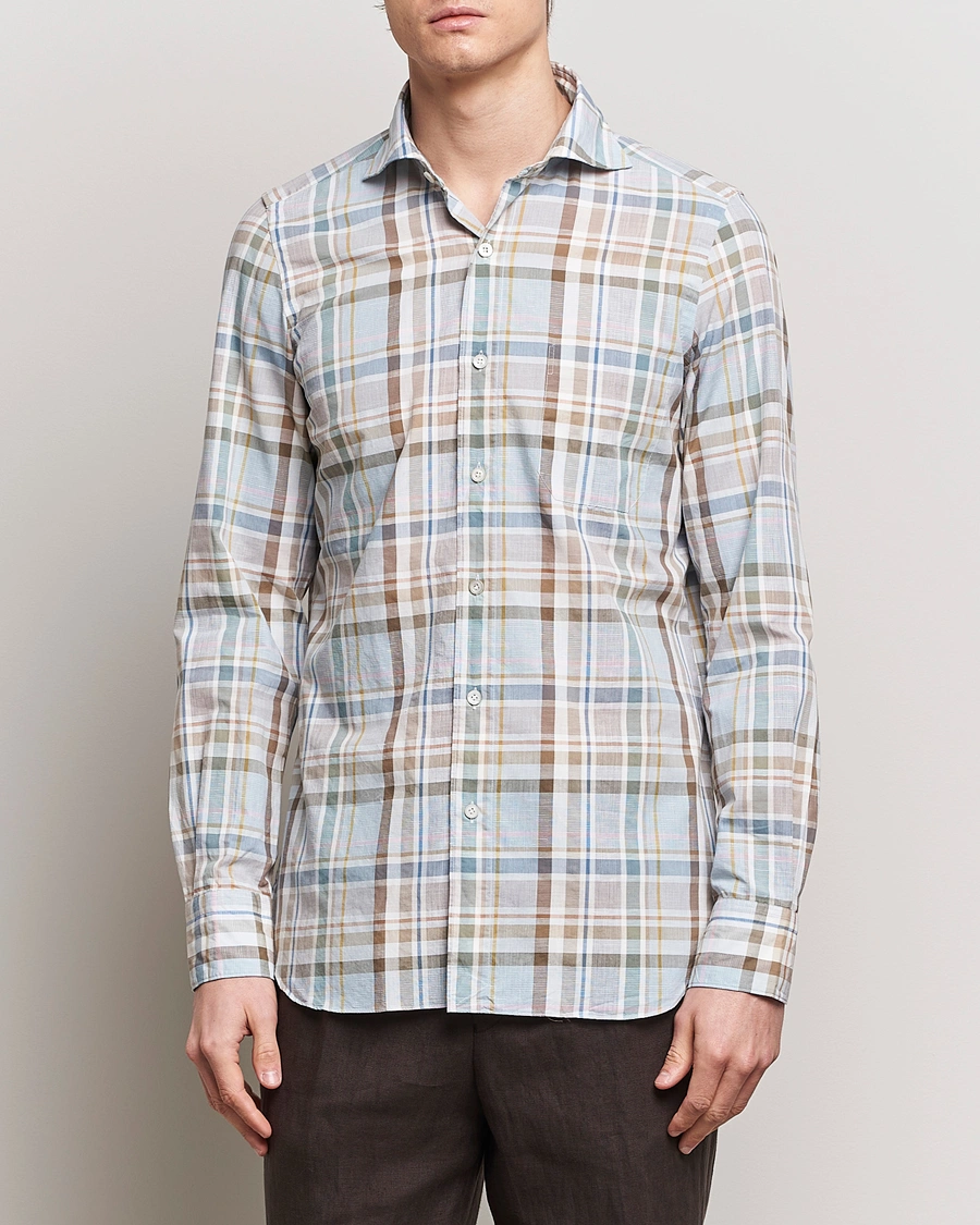Herre | Skjorter | Finamore Napoli | Gaeta Cotton/Linen Pocket Shirt Beige Check