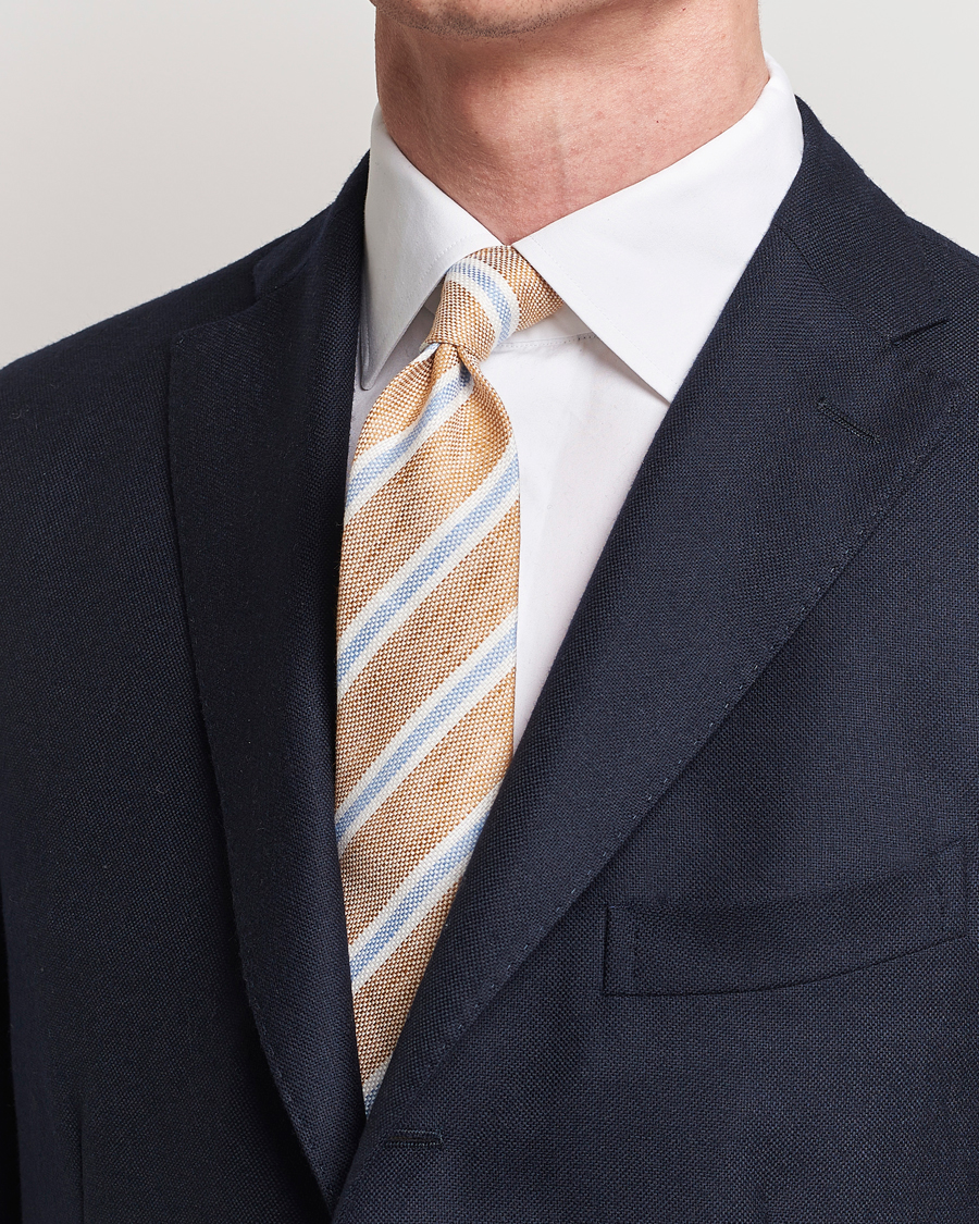 Herre | Assesoarer | Finamore Napoli | Regimental Stripe Linen Tie Beige/Blue
