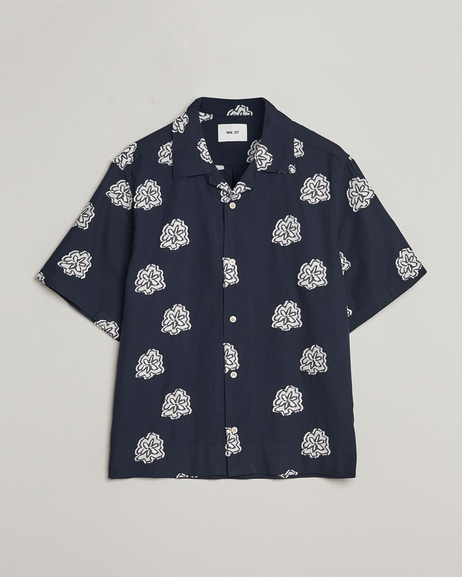 Herre | Skjorter | NN07 | Leo Printed Short Sleeve Shirt Navy Blue