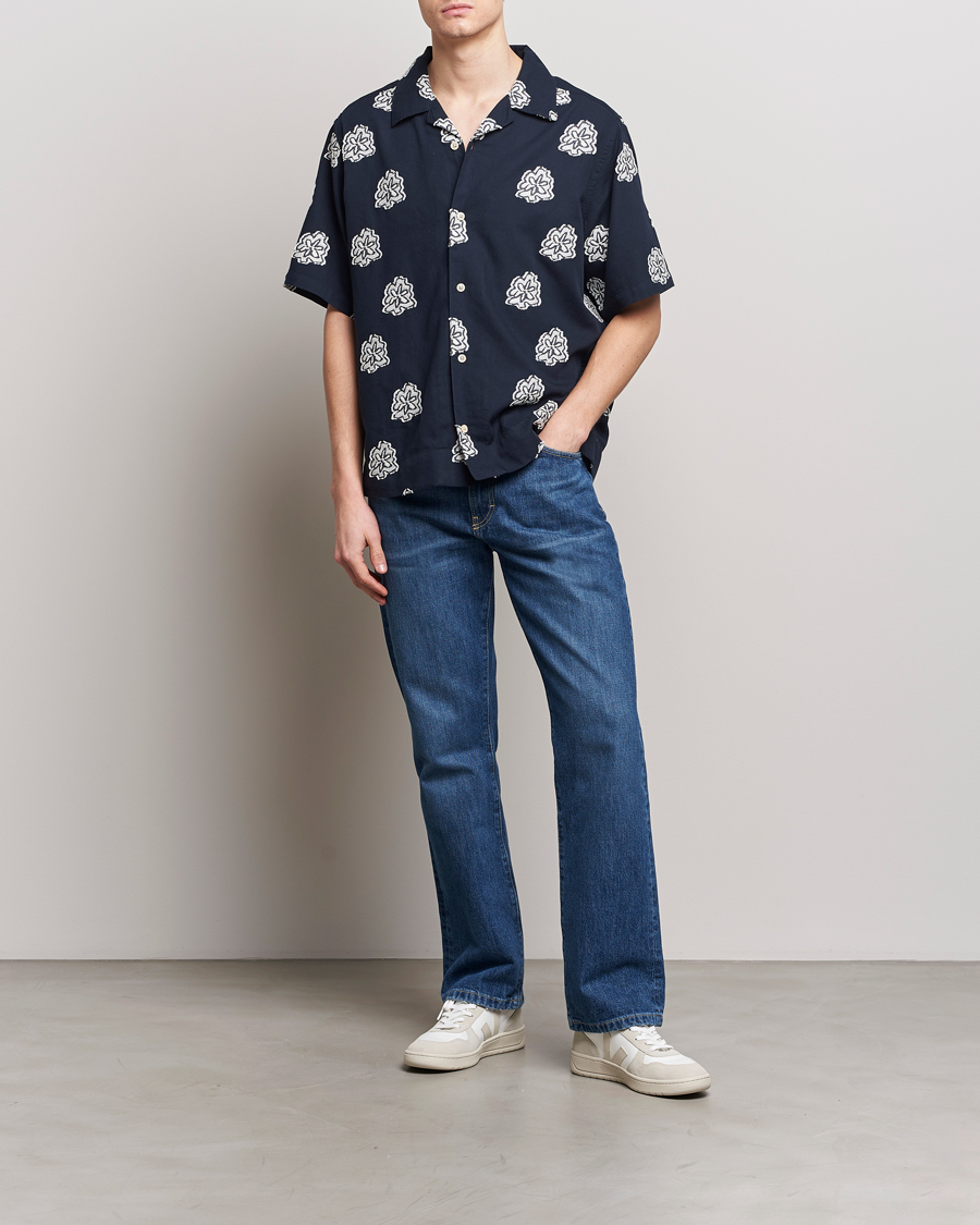 Herre | Skjorter | NN07 | Leo Printed Short Sleeve Shirt Navy Blue